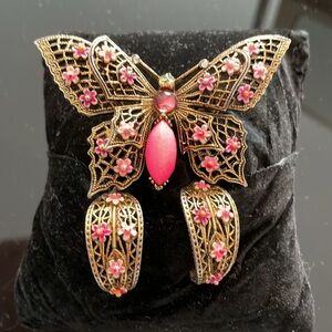 ART Arthur Pepper Rhinestone Pink Butterfly Brooch Pin and earrings